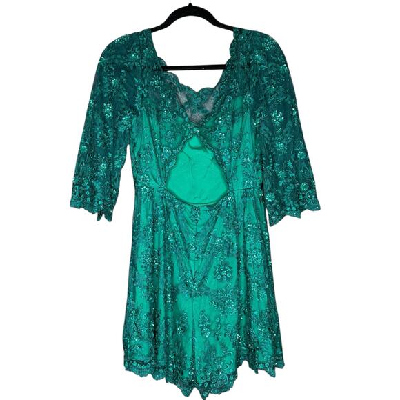FREE PEOPLE Green Lace Embroidered Beaded Shorts Romper Women's Size 4 FLAWED - Picture 9 of 14